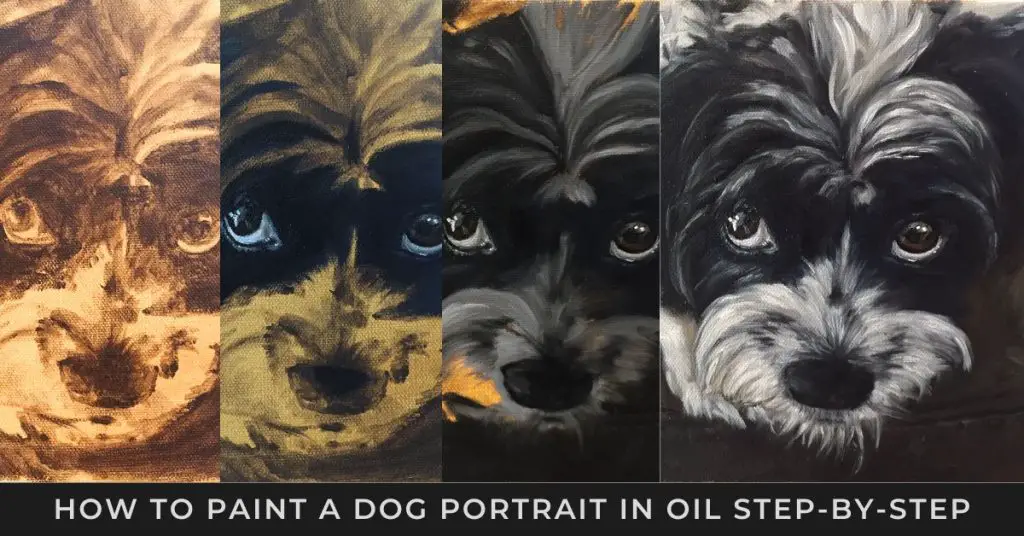 progression of oil painting of a black and white dog