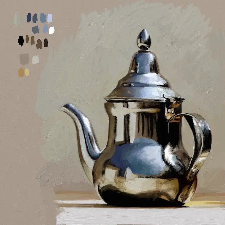 Digital painting study of silver teapot