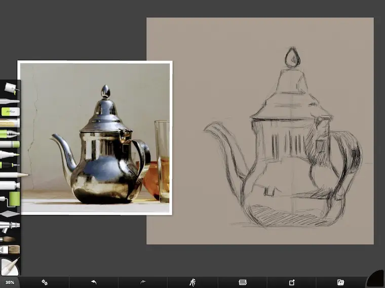 tips for painting digitally in ArtRage pencil drawing teapot sketch