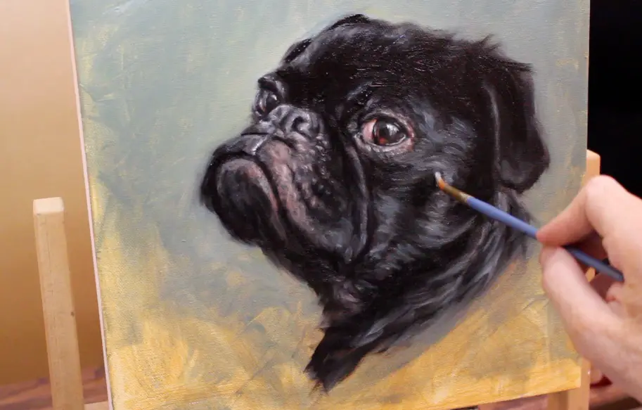 brush strokes side of face black pug dog painting shelley hanna