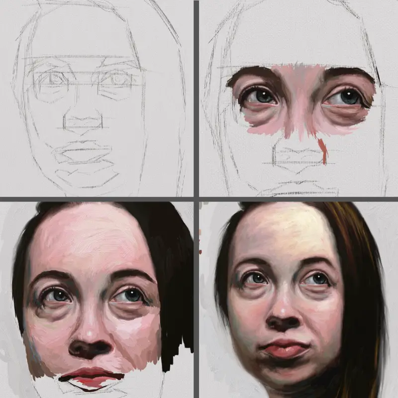 Digital portrait painting progress 4up