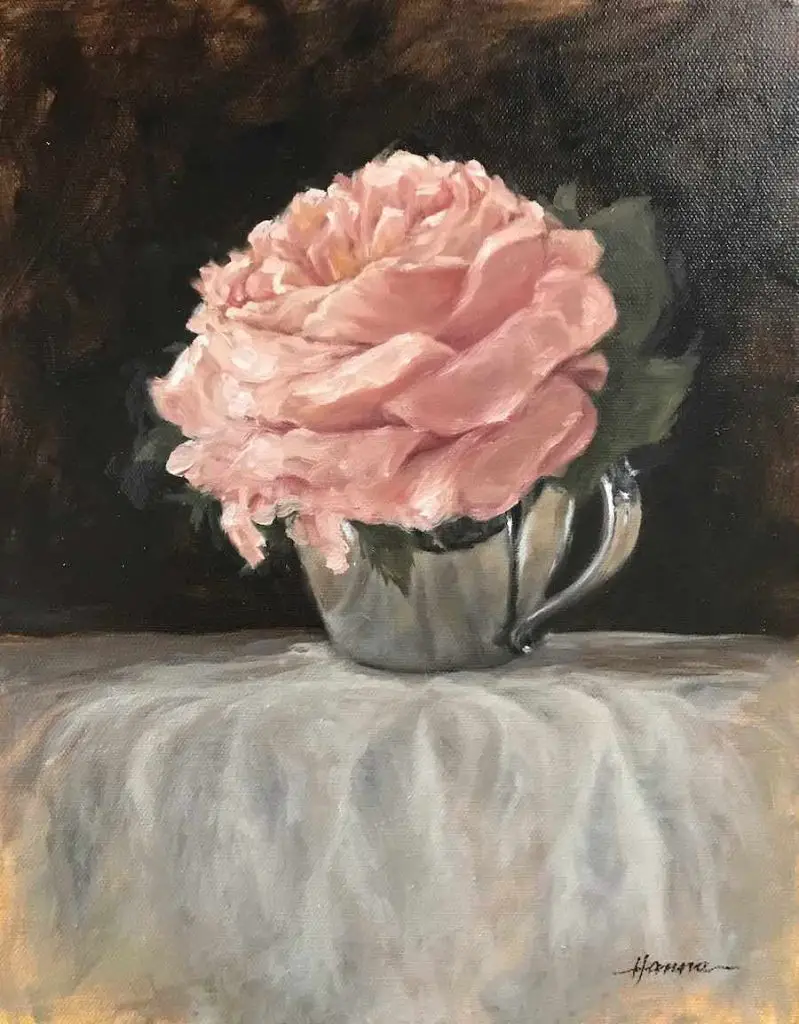 signed painting rose in silver cup